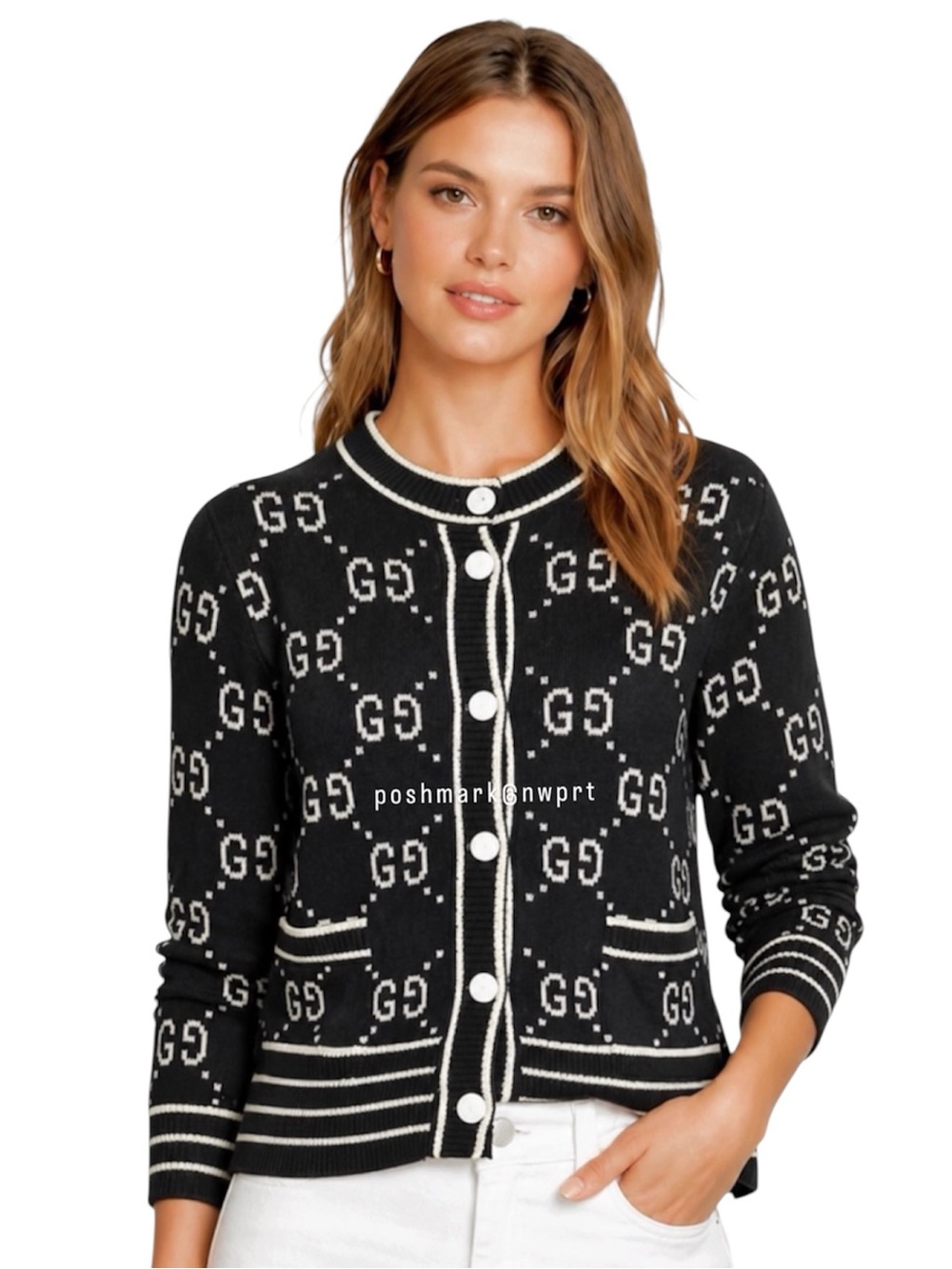 GUCCI 💯 GG Supreme Logo Cardigan Sweater Black Ivory White Cotton XS